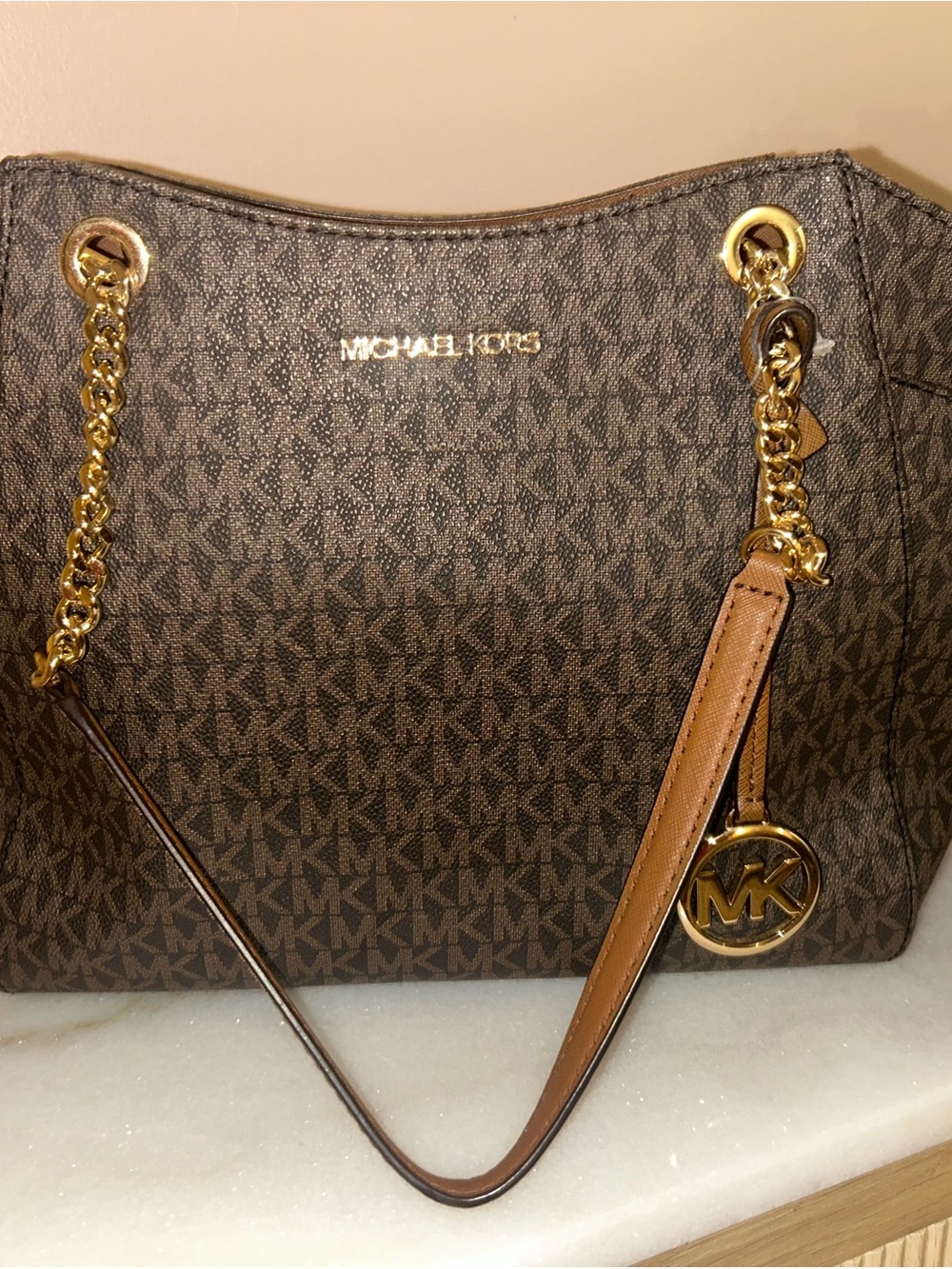 Michael Kors Brown MK Monogram Tote with Gold Hardware